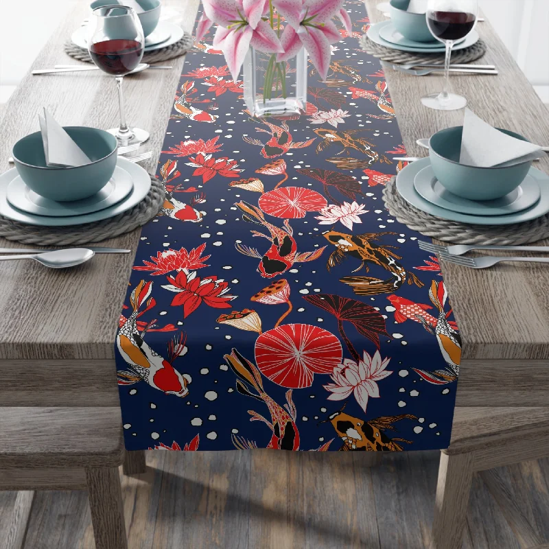 Outdoor rated Edison light bulbsMidnight Table Runner with Koi Fish Design (16" × 72")