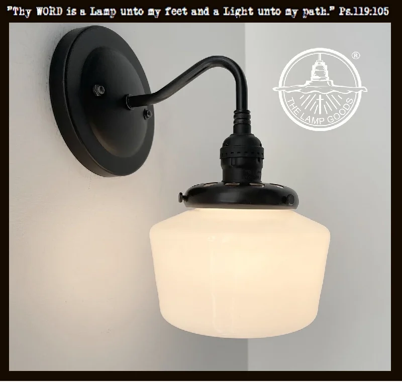 Edison light bulbs with a matte glass finishSmall Schoolhouse Antique Milk Glass Wall Sconce Light