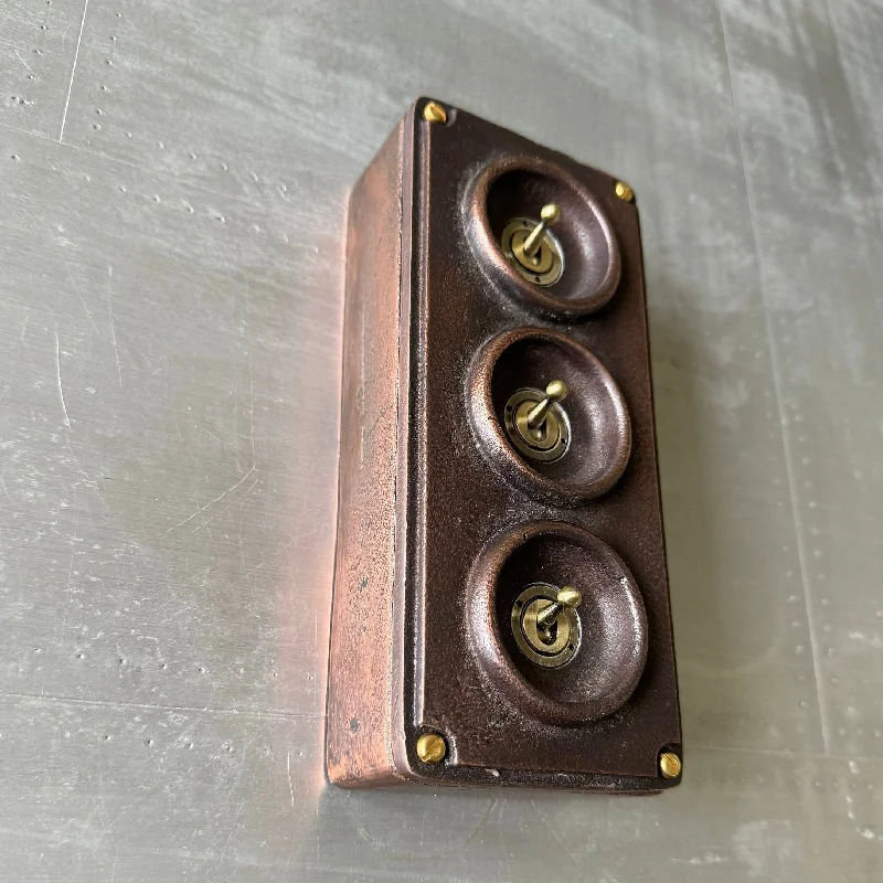 3 Gang Solid Cast Antique Copper Metal Conduit Light Switch Industrial 2 Way - BS EN Approved Vintage Crabtree 1950’s Style