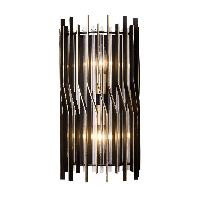 glass wall lamps with frosted glass for soft, diffused lightPark Row 393W02MBFG 2-Light Wall Sconce - Matte Black/French Gold