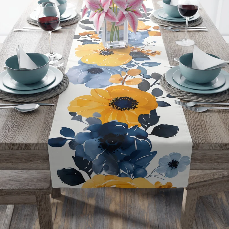 UL listed Edison light bulbsCoastal Table Runner with Cool Blue and Yellow Floral Design (16" × 72")