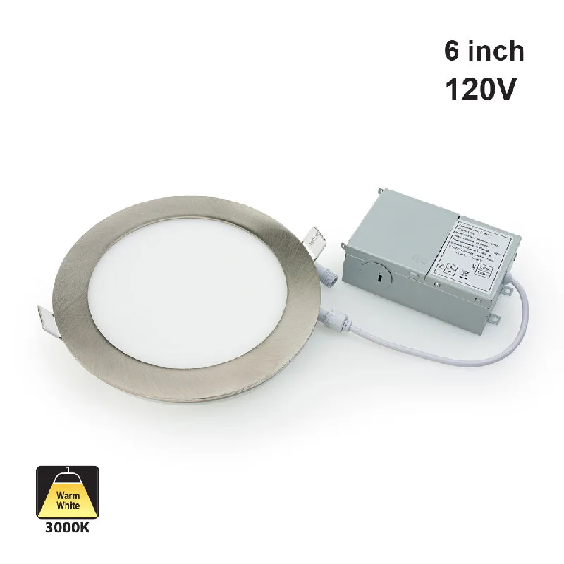 6 inch Round Dimmable Recessed LED Panel Light / Downlight / Ceiling Light 120V 15W 3000K Brushed Nickel