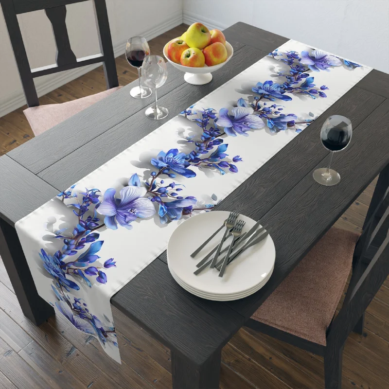 Colored Edison light bulbs (e.g., amber, blue)3D Table Runner with Blue Lavender Floral Design (16" × 72")