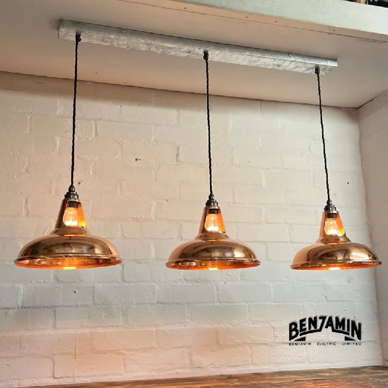 Cawston ~ 3 x Solid Copper Shade 1932 Design Pendant Set Galvanised Track Cluster Light | Dining Room | Kitchen Table | Vintage