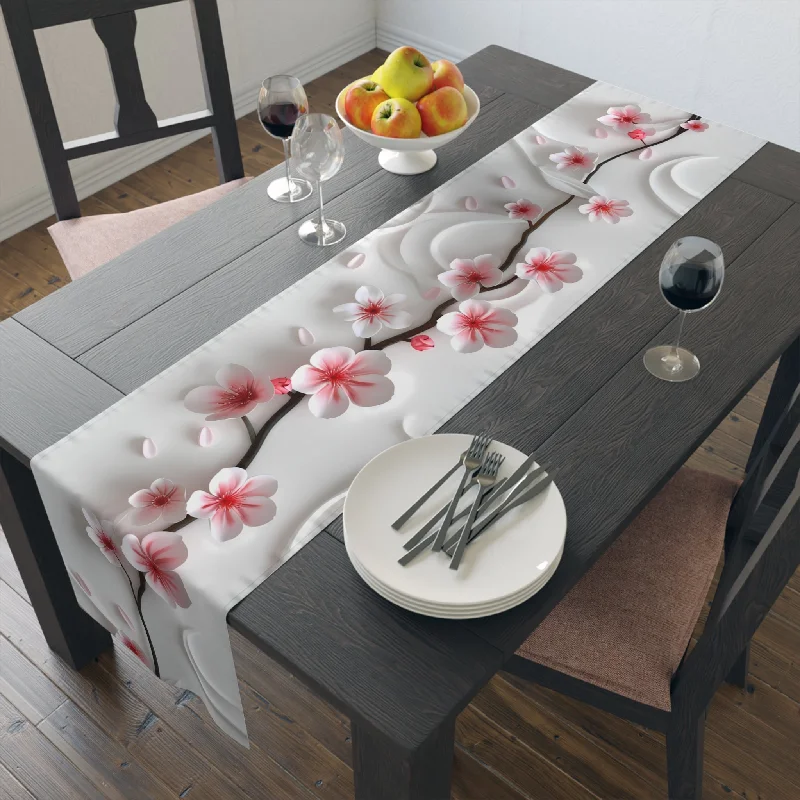 UL listed Edison light bulbs3D Table Runner with Pink Cherry Blossoms Design (16" × 72")