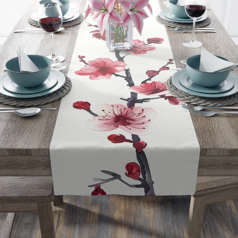 Soft white Edison light bulbsElegant Table Runner with Pretty Plum Blossoms Design (16" × 72")