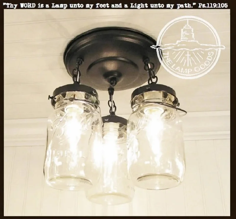 Soft white Edison light bulbsMason Jar Vintage Light Fixture - Quart Chain Trio