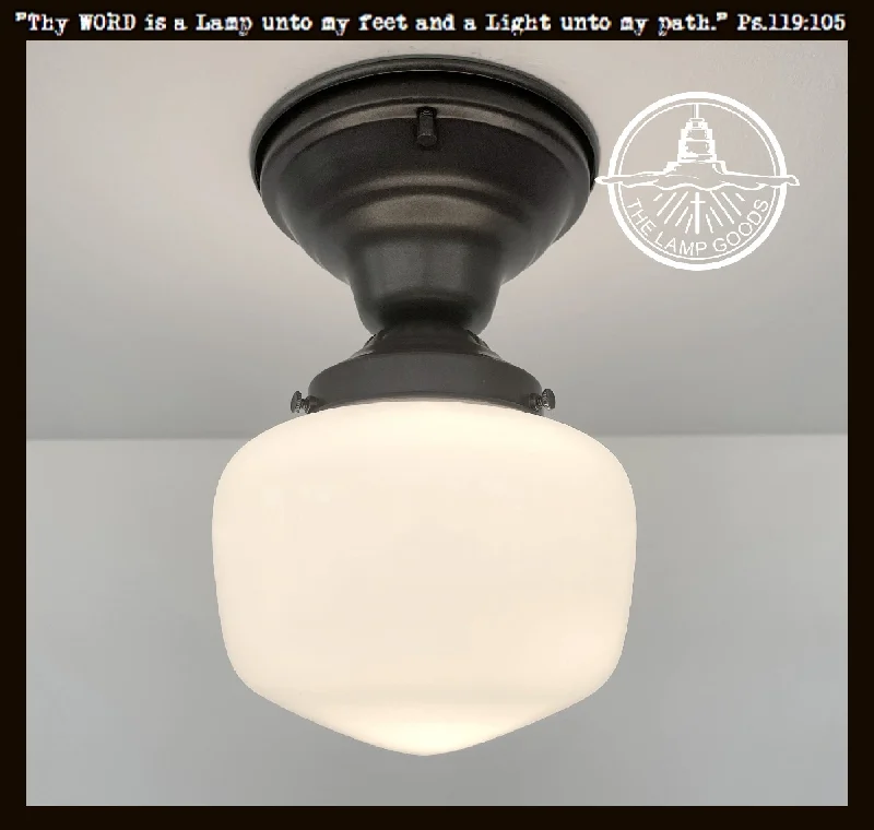 E26 Edison light bulbs with warm glowSimple Schoolhouse CEILING LIGHT Fixture of Milk Glass