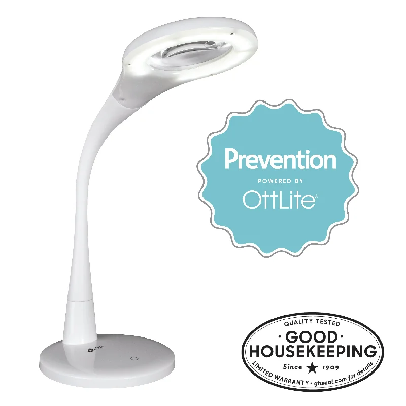 Soft white Edison light bulbsPrevention by OttLite LED Flexible Magnifier Desk Lamp