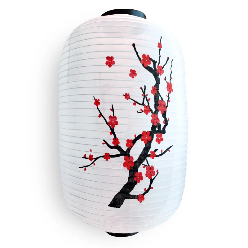 Low wattage Edison light bulbs for ambianceLarge Japanese Style Nylon Lantern with Plum Tree Blossoms, White (12"W x 19.5"H)