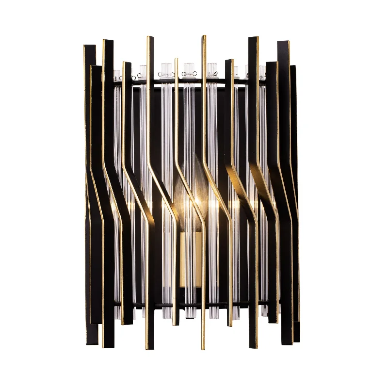 art deco wall lamps with geometric patterns for a retro - inspired bathroomPark Row 393W01MBFG 1-Light Wall Sconce - Matte Black/French Gold