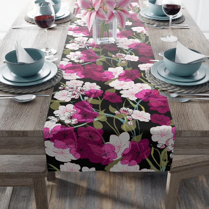 Filament style LED Edison light bulbsMidnight Table Runner with Cherry Blossom Floral Pattern (16" × 72")