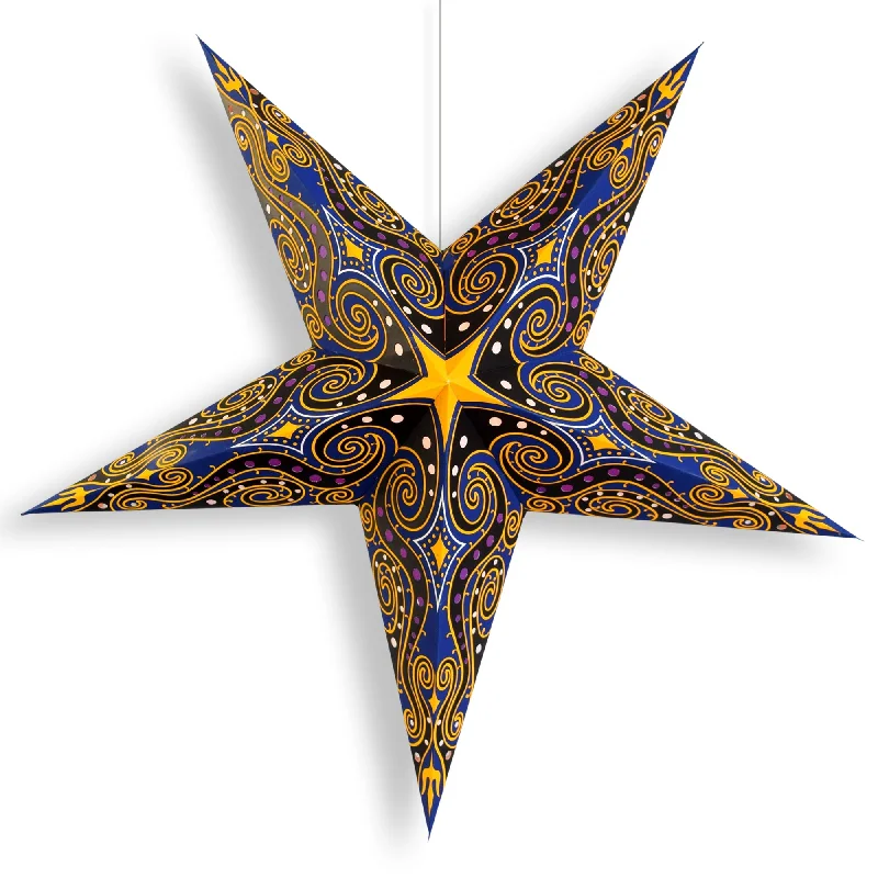 Colored Edison light bulbs (e.g., amber, blue)24 Inch Paper Star Lantern, Blue Yellow Astral Wind