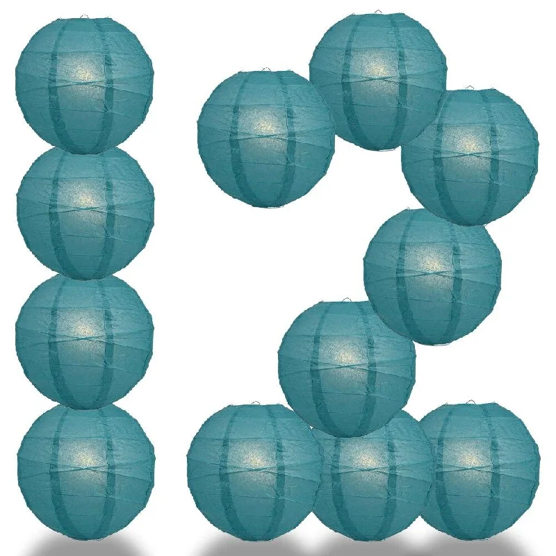 E26 Edison light bulbs with warm glowBULK PACK (12) 28" Tahiti Teal Round Paper Lantern, Crisscross Ribbing, Chinese Hanging Wedding & Party Decoration