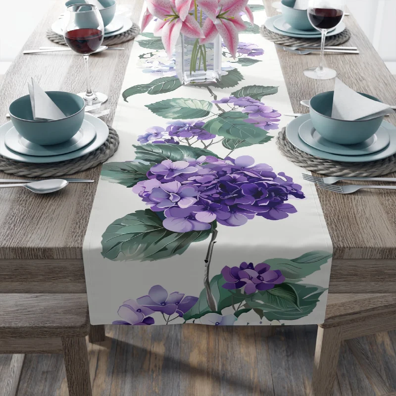 Edison light bulbs with antique finishSerenity Table Runner with Purple Hydrangea Floral Design (16" × 72")