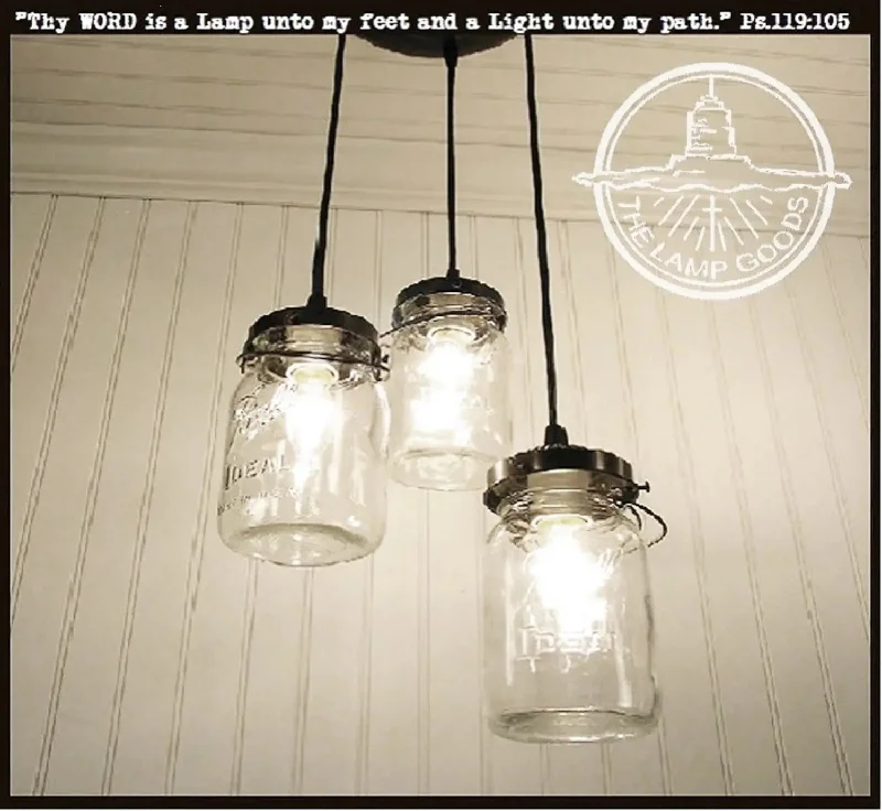 Squirrel cage filament Edison light bulbsMason Jar Chandelier Pendant Light Trio