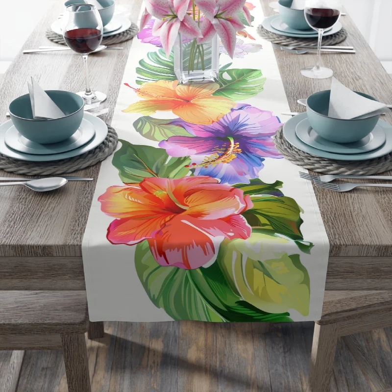 Retro Edison filament light bulbsTropical Table Runner with Vibrant Floral Design (16" × 72")