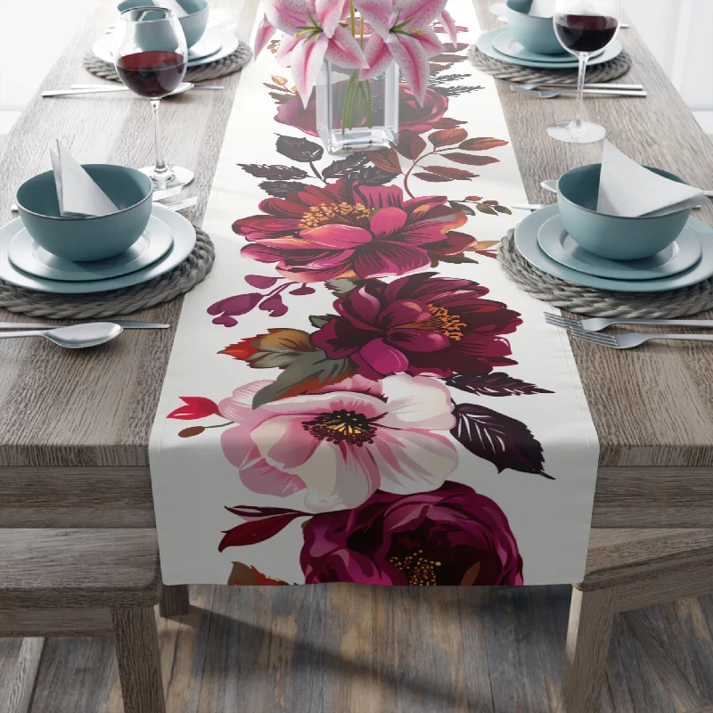 Nickel plated base Edison light bulbsViva Table Runner with Magenta and Crimson Floral Design (16" × 72")