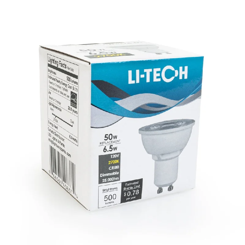 Li-Tech GU10 LED Bulb, 120V 6.5W Equivalent 50W 2700K(Soft White)