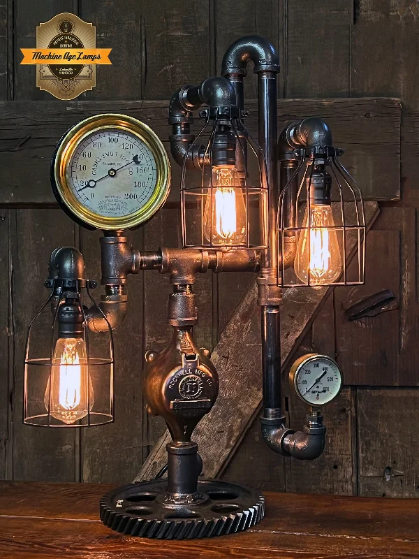 Steampunk Industrial / Antique Steam Gauge Lamp / Tractor Gear  / Lamp #4002