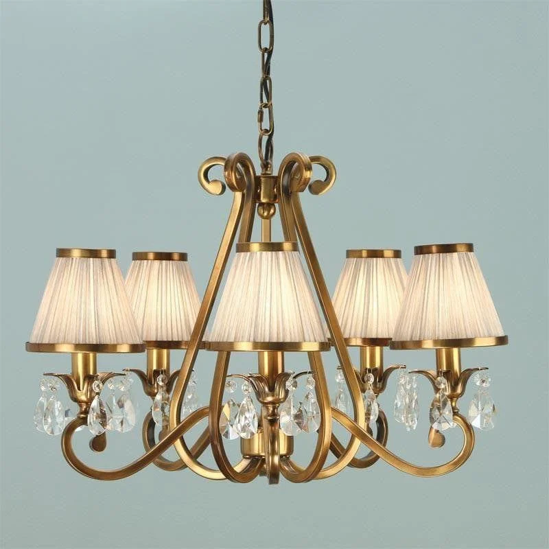 Chandeliers for High Ceilings to Fill Vertical SpaceOksana Antique Brass 5 Light Chandelier with Beige Shades