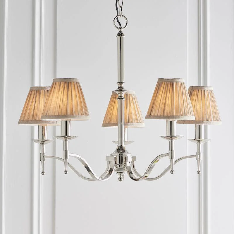 Chandeliers with Metal Frames in Copper FinishStanford 5 Light Polished Nickel Chandelier with Beige Shades